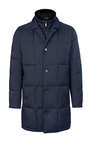 Удлиненный стеганый пуховик-пальто с меховым воротником темно-синий  (9209)