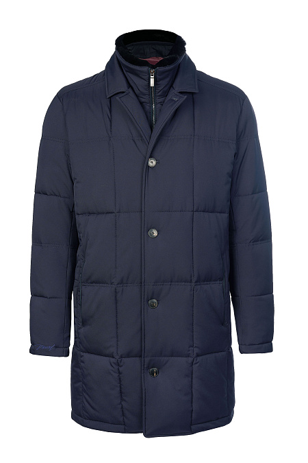 Удлиненный стеганый пуховик-пальто с меховым воротником темно-синий  для мужчин бренда Meucci (Италия), арт. 9209 - фото. Цвет: Темно-синий. Купить в интернет-магазине https://shop.meucci.ru
