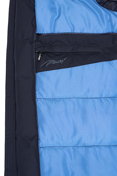 Пуховик средней длины с капюшоном и меховой опушкой  для мужчин бренда Meucci (Италия), арт. 2838 - фото. Цвет: Темно-синий. Купить в интернет-магазине https://shop.meucci.ru
