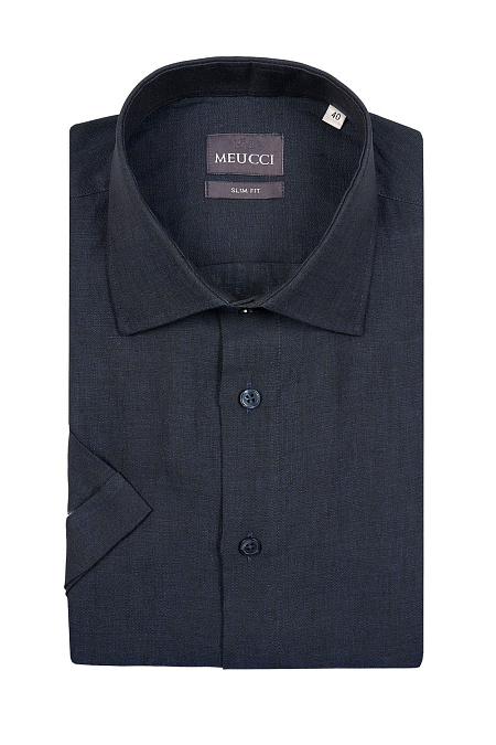 Модная мужская темно-синяя льняная рубашка с коротким рукавом  арт. SL 10224070/301024K от Meucci (Италия) - фото. Цвет: Темно-синий.
