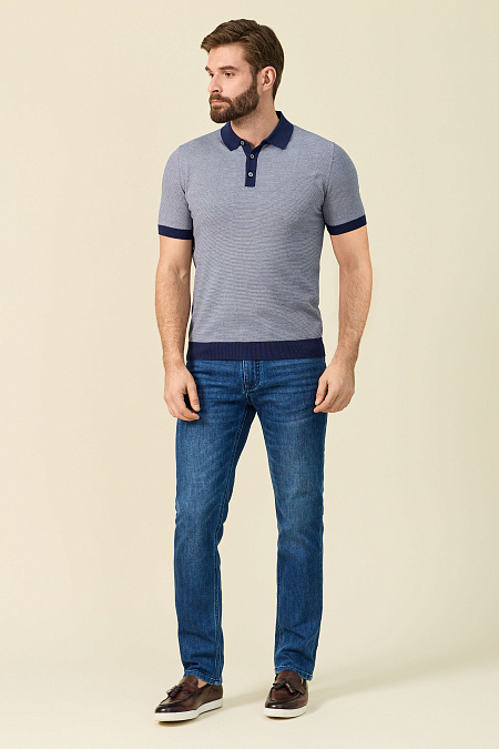 Поло в полоску синего цвета из хлопка  для мужчин бренда Meucci (Италия), арт. MEU-SS2404/DQSS1801 - фото. Цвет: Синий, полоска. Купить в интернет-магазине https://shop.meucci.ru
