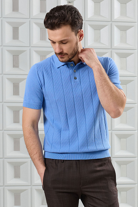 Поло голубого цвета с фактурным полосами из хлопка Пима  для мужчин бренда Meucci (Италия), арт. MEU-2614/DQSS58 - фото. Цвет: Голубой. Купить в интернет-магазине https://shop.meucci.ru
