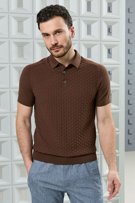 Поло коричневого цвета с фактурным орнаментом из хлопка Пима  для мужчин бренда Meucci (Италия), арт. MEU-2613/DQSS554 - фото. Цвет: Коричневый. Купить в интернет-магазине https://shop.meucci.ru
