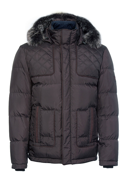 Короткий стеганый пуховик с капюшоном и меховой опушкой  для мужчин бренда Meucci (Италия), арт. 6907 - фото. Цвет: Темно-коричневый с бордовым отливом. Купить в интернет-магазине https://shop.meucci.ru
