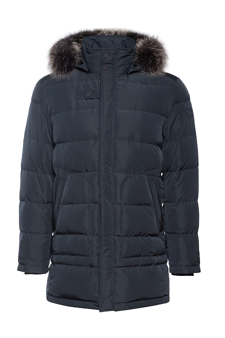 Удлиненный стеганый пуховик с капюшоном  для мужчин бренда Meucci (Италия), арт. 3230 - фото. Цвет: Темно-синий. Купить в интернет-магазине https://shop.meucci.ru
