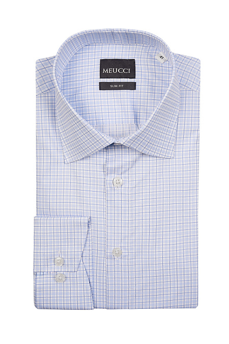 Модная мужская рубашка в сине-голубую клетку из хлопка sea island  арт. SL 10224070/301020 от Meucci (Италия) - фото. Цвет: Белый в сине-голубую клетку.
