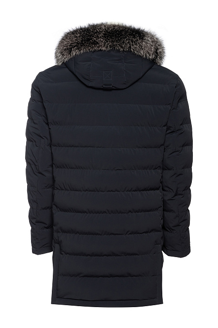 Удлиненный стеганый пуховик с капюшоном и меховой опушкой  для мужчин бренда Meucci (Италия), арт. 3333 - фото. Цвет: Темно-синий. Купить в интернет-магазине https://shop.meucci.ru
