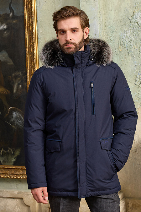 Пуховик темно-синий с капюшоном и меховой опушкой для мужчин бренда Meucci (Италия), арт. 6622 - фото. Цвет: Темно-синий. Купить в интернет-магазине https://shop.meucci.ru
