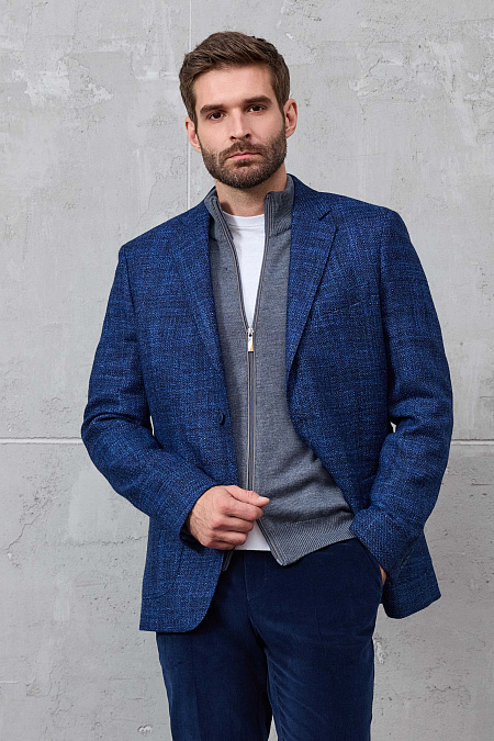 Мужской пиджак с жаккардовым плетением нитей из шерсти мериноса и альпака  Meucci (Италия), арт. MI 1200181DR/11744 - фото. Цвет: Темно-синий (жаккардовое плетение нитей черного и светло-синего цвета). Купить в интернет-магазине https://shop.meucci.ru
