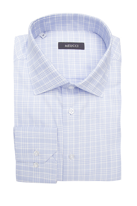 Модная мужская рубашка хлопковая в бело-голубую клетку  арт. SL 902022 RL 91GZ/302218 от Meucci (Италия) - фото. Цвет: Бело-голубая клетка.
