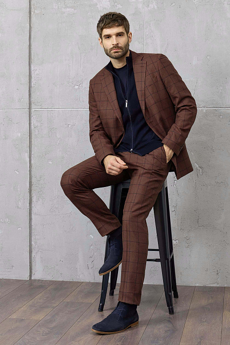 Мужской костюм коричневый в клетку из шерсти, конопли, шелка и кашемира  Meucci (Италия), арт. MI 2200191DE/12103 - фото. Цвет: Коричневый / черный (клетка). Купить в интернет-магазине https://shop.meucci.ru
