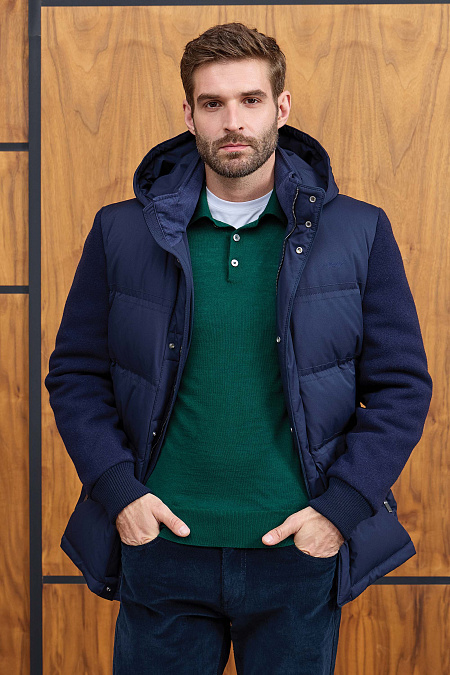 Пуховик с капюшоном из комбинации двух тканей  для мужчин бренда Meucci (Италия), арт. 9357 - фото. Цвет: Темно-синий. Купить в интернет-магазине https://shop.meucci.ru
