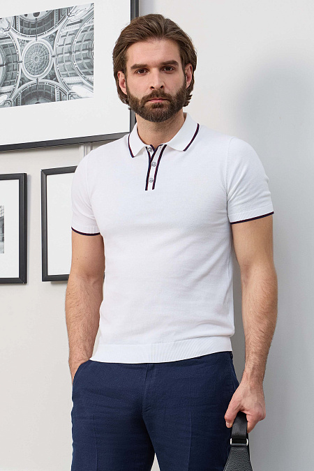 Поло белое с цветными кантами на манжетах и воротнике  для мужчин бренда Meucci (Италия), арт. MEU-2509/DQSS01 - фото. Цвет: Белый, синий, бордовый. Купить в интернет-магазине https://shop.meucci.ru
