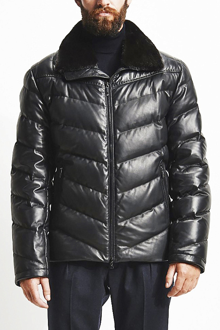 Короткий кожаный пуховик с мехом норки для мужчин бренда Meucci (Италия), арт. 7972 - фото. Цвет: Черный. Купить в интернет-магазине https://shop.meucci.ru
