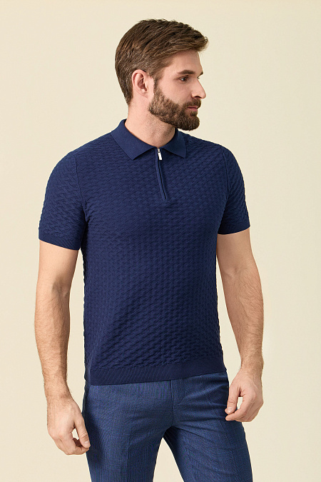 Поло темно-синее из хлопка Пима  для мужчин бренда Meucci (Италия), арт. MEU-SS2401/DQSS18 - фото. Цвет: Темно-синий с фактурным орнаментом. Купить в интернет-магазине https://shop.meucci.ru
