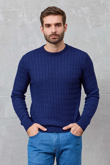 Мужской брендовый джемпер синего цвета с круглой горловиной  арт. 83014/22025 INDIGO Meucci (Италия) - фото. Цвет: Синий (объемный орнамент в виде сплетенных кос). Купить в интернет-магазине https://shop.meucci.ru

