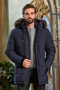  Пуховик с капюшоном и меховой опушкой темно-синего цвета  (1845)