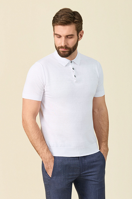 Поло белого цвета из смеси льна и хлопка  для мужчин бренда Meucci (Италия), арт. PB-NECK 30024/001 - фото. Цвет: Белый. Купить в интернет-магазине https://shop.meucci.ru
