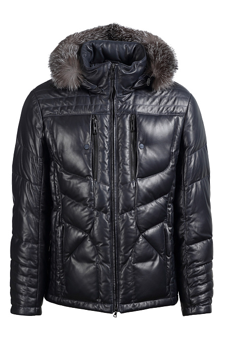 Кожаный пуховик с капюшоном для мужчин бренда Meucci (Италия), арт. 7214/2 - фото. Цвет: Сине-черный. Купить в интернет-магазине https://shop.meucci.ru
