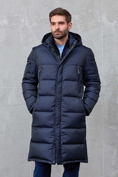 Пуховое пальто с капюшоном темно-синего цвета  для мужчин бренда Meucci (Италия), арт. 9116 - фото. Цвет: темно-синий. Купить в интернет-магазине https://shop.meucci.ru
