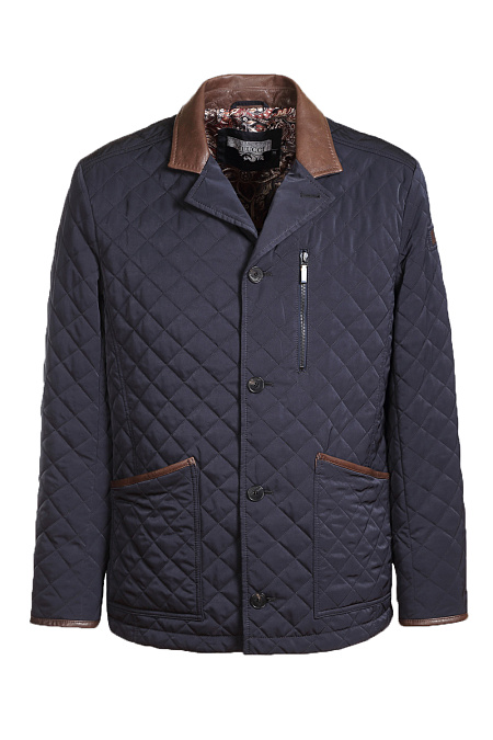 Утепленная стеганая куртка-пиджак на пуговицах с отделкой кожей для мужчин бренда Meucci (Италия), арт. 9964  - фото. Цвет: Темно-синий. Купить в интернет-магазине https://shop.meucci.ru
