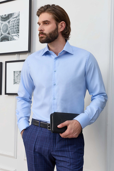Модная мужская рубашка с сине-белым микродизайном и эффектом non iron  арт. SL 10224070/301032 от Meucci (Италия) - фото. Цвет: Сине-белый, микродизайн.
