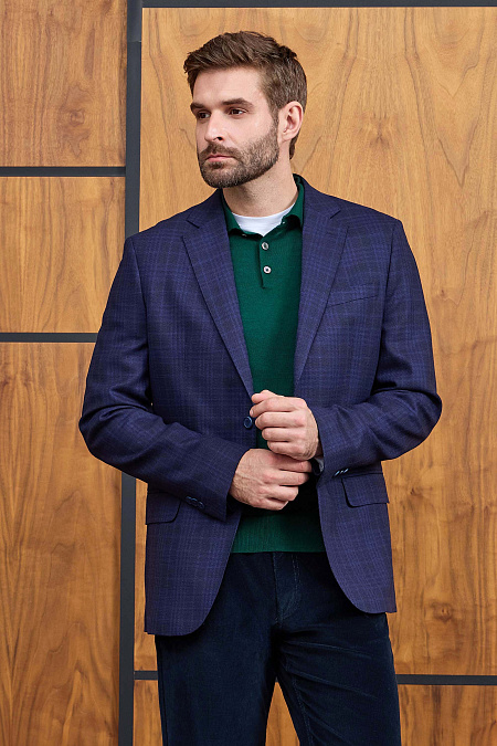 Мужской пиджак из тонкой шерсти с жаккардовым плетением в виде клетки  Meucci (Италия), арт. MI 1200181DR/11745 - фото. Цвет:  Темно-синий (клетка, жаккардовое плетение нитей черного и светло-синего цвета) . Купить в интернет-магазине https://shop.meucci.ru
