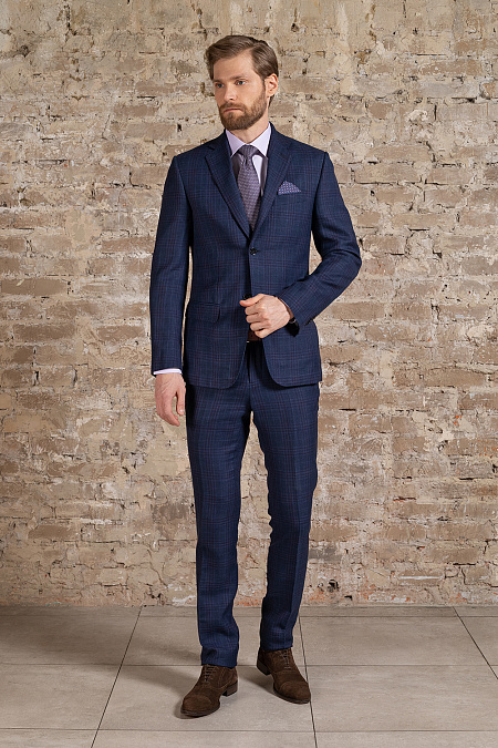 Мужской костюм в клетку из льна, шерсти и шелка Meucci (Италия), арт. MI 2200191/11003 - фото. Цвет: Темно-синий в клетку.