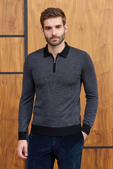 Мужской брендовый джемпер-поло черно-серый с застежкой на молнию арт. 43016/22025 BLACK Meucci (Италия) - фото. Цвет: Серо-черный (мелкий орнамент "Елочка"). Купить в интернет-магазине https://shop.meucci.ru

