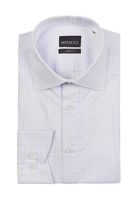 Модная мужская рубашка белая в синюю клетку из хлопка sea island  арт. SL 10224070/301042 от Meucci (Италия) - фото. Цвет: Белый в синюю клетку.
