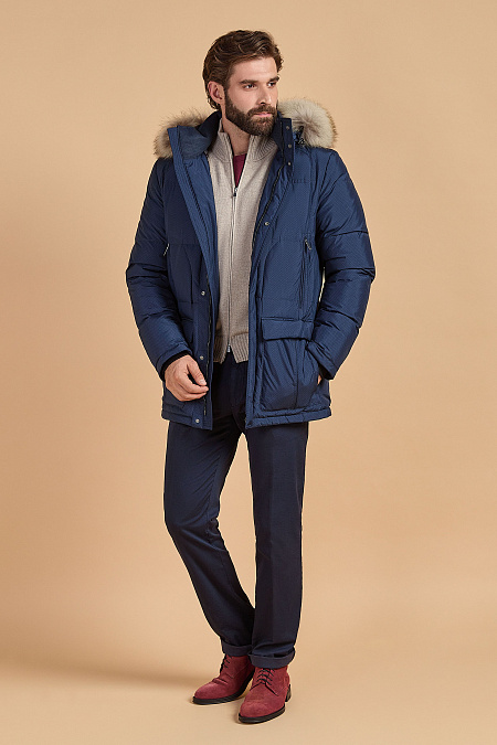 Cтеганый пуховик с капюшоном с меховой опушкой для мужчин бренда Meucci (Италия), арт. 3714 - фото. Цвет: Темно-синий с принтом. Купить в интернет-магазине https://shop.meucci.ru
