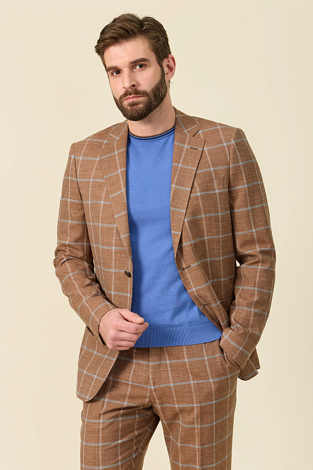 Мужской костюм светло-коричневый в серую клетку из смеси шерсти, льна и шелка  Meucci (Италия), арт. MI 2200191EZ/12014 - фото. Цвет: Коричневый в серую клетку. Купить в интернет-магазине https://shop.meucci.ru
