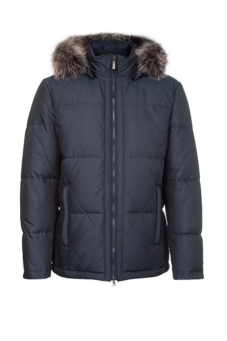 Cтеганый короткий пуховик с капюшоном и меховой опушкой  для мужчин бренда Meucci (Италия), арт. 7217 - фото. Цвет: Темно-синий. Купить в интернет-магазине https://shop.meucci.ru
