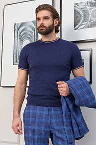 Синяя футболка с цветными кантами на горловине и рукавах  (MEU-2508/DQSS18)