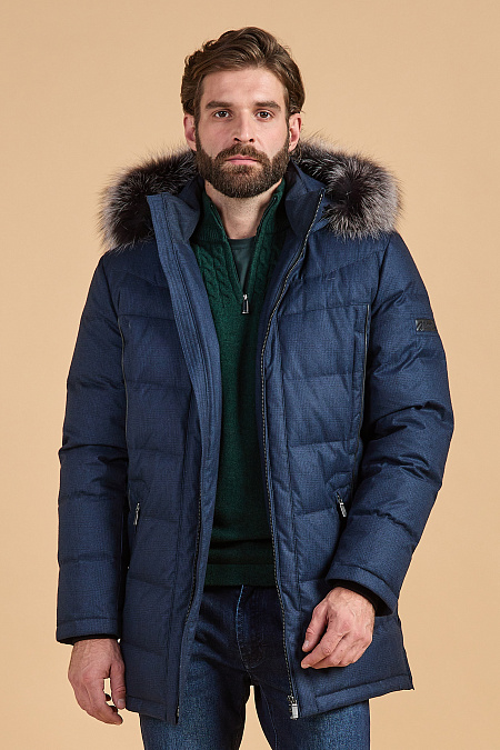 Удлиненный стеганый пуховик с капюшоном  для мужчин бренда Meucci (Италия), арт. 2021 - фото. Цвет: Темно-синий. Купить в интернет-магазине https://shop.meucci.ru
