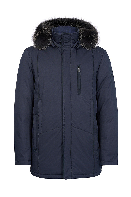 Пуховик средней длины с капюшоном и меховой опушкой  для мужчин бренда Meucci (Италия), арт. 2838 - фото. Цвет: Темно-синий. Купить в интернет-магазине https://shop.meucci.ru
