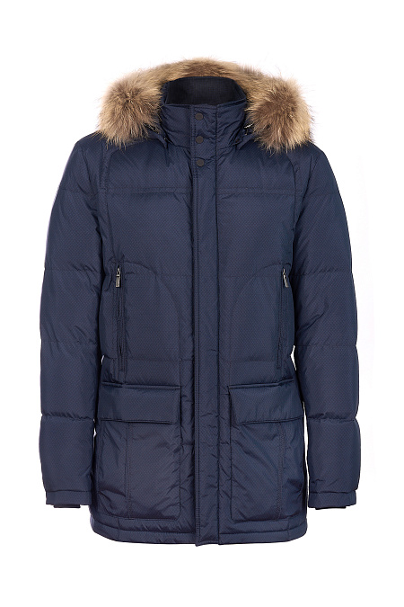 Cтеганый пуховик с капюшоном с меховой опушкой для мужчин бренда Meucci (Италия), арт. 3714 - фото. Цвет: Темно-синий с принтом. Купить в интернет-магазине https://shop.meucci.ru
