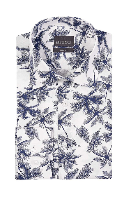 Модная мужская хлопковая рубашка белая с растительным орнаментом  арт. SL 10224070/301036 от Meucci (Италия) - фото. Цвет: Белый, синий принт.
