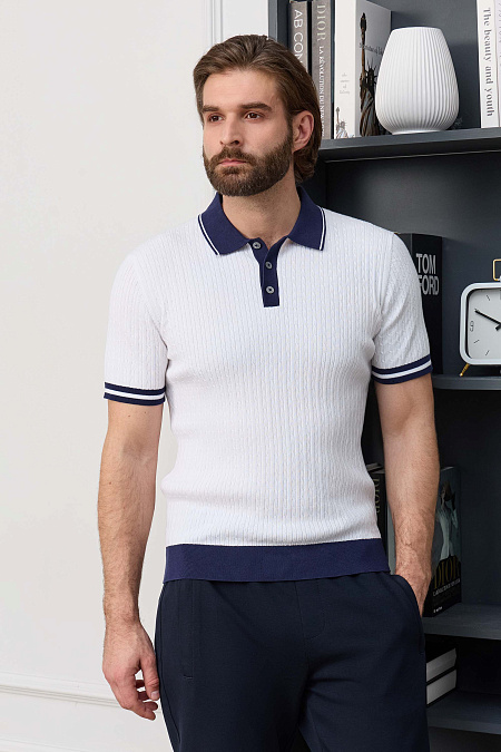 Поло белое с темно-синими манжетами и воротником  для мужчин бренда Meucci (Италия), арт. MEU-2510/DQSS01 - фото. Цвет: Белый, темно-синий. Купить в интернет-магазине https://shop.meucci.ru
