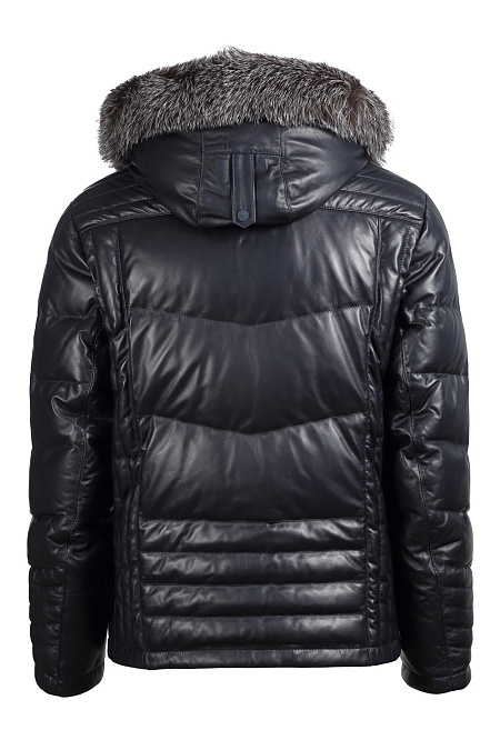 Кожаный пуховик с капюшоном для мужчин бренда Meucci (Италия), арт. 7214/2 - фото. Цвет: Сине-черный. Купить в интернет-магазине https://shop.meucci.ru
