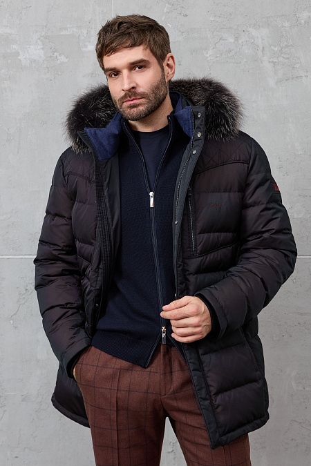 Пуховик черно-коричневого цвета с капюшоном и опушкой из меха для мужчин бренда Meucci (Италия), арт. 5160 - фото. Цвет: Черно-коричневый. Купить в интернет-магазине https://shop.meucci.ru
