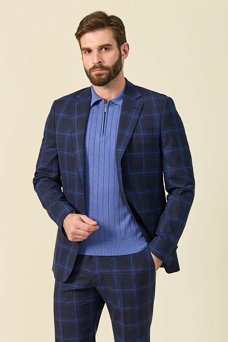 Мужской костюм синий в клетку из смеси шерсти, хлопка и льна  Meucci (Италия), арт. MI 2200191GB/12016 - фото. Цвет: Синий, клетка.