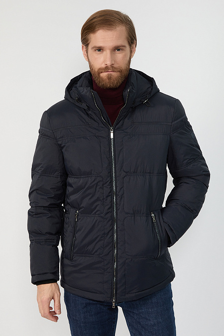 Стеганый пуховик средней длины с капюшоном и фигурным низом для мужчин бренда Meucci (Италия), арт. 6915 - фото. Цвет: Темно-синий. Купить в интернет-магазине https://shop.meucci.ru
