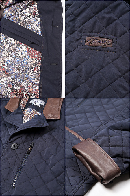 Утепленная стеганая куртка-пиджак на пуговицах с отделкой кожей для мужчин бренда Meucci (Италия), арт. 9964  - фото. Цвет: Темно-синий. Купить в интернет-магазине https://shop.meucci.ru
