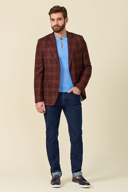 Мужской пиджак коричневый в клетку из смеси шерсти, шелка и льна  Meucci (Италия), арт. MI 1200181EZ/11723 - фото. Цвет: Коричневый, клетка. Купить в интернет-магазине https://shop.meucci.ru
