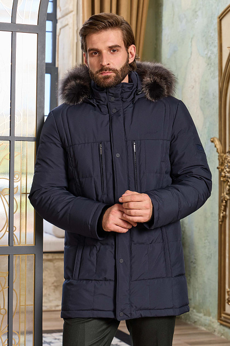  Пуховик с капюшоном и меховой опушкой темно-синего цвета  для мужчин бренда Meucci (Италия), арт. 1845 - фото. Цвет: Темно-синий. Купить в интернет-магазине https://shop.meucci.ru
