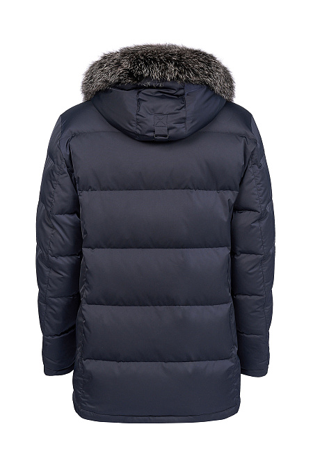 Пуховик средней длины с капюшоном и меховой опушкой  для мужчин бренда Meucci (Италия), арт. 3773 - фото. Цвет: Темно-синий. Купить в интернет-магазине https://shop.meucci.ru
