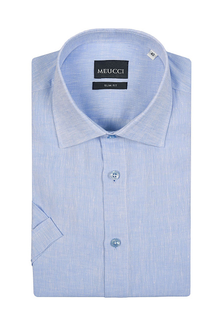 Модная мужская голубая льняная рубашка с коротким рукавом арт. SL 10224070/301023K от Meucci (Италия) - фото. Цвет: Голубой.
