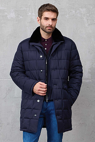 Удлиненный стеганый пуховик со съемной манишкой и меховым воротником  (9727)