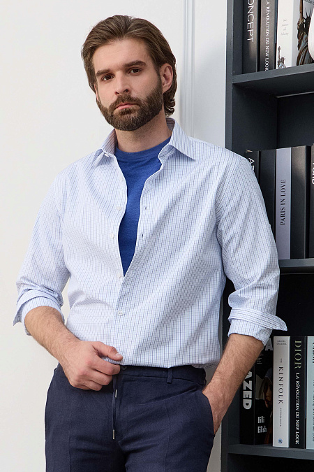 Модная мужская рубашка белая в цветную клетку из хлопка sea island  арт. SL 10224070/301035 от Meucci (Италия) - фото. Цвет: белый в цветную клетку синих оттенков.
